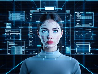 Woman with digital interface, futuristic tech elements, and facial recognition data in cyber background. Concept of artificial intelligence and security. Ai generative