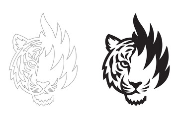 Fierce Tiger Head with Tribal Flame Design. Fully editable Flat and Outline.
