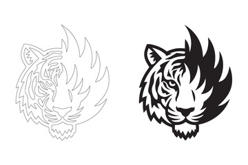 Fierce Tiger Head with Tribal Flame Design. Fully editable Flat and Outline.