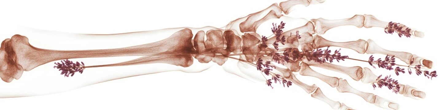 Ethereal X Ray of Delicate Hand Bones with Lavender Accents