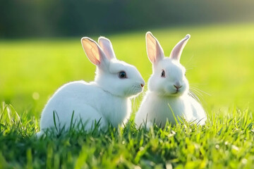 Fototapeta premium Two White Rabbits Sitting on Grass