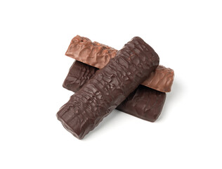 Protein bar isolated, chocolate energy paleo snack, healthy cereal nutrition with nuts, fruits, muesli