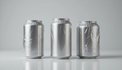 Three Metal Beverage Cans With Etched Designs On White Background