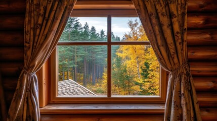 Autumn forest view from cabin window, fall foliage, cozy interior