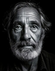 Obraz premium A stark black and white image capturing the rugged features and piercing gaze of a man.