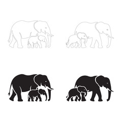 Silhouettes of Elephants and their Calves. Fully editable Flat and Outline.