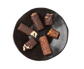 Protein bar isolated, chocolate energy paleo snack, healthy cereal nutrition with nuts, fruits, muesli