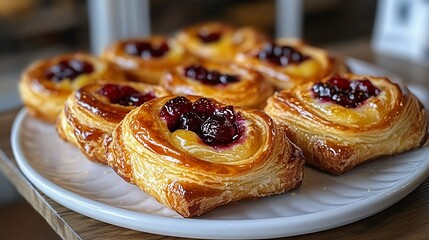 Freshly baked Danish pastries fruit filling and a light golden glaze elegantly presented on a white plate isolated a sweet and indulgent treat