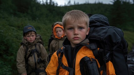 Children hiking in a forest