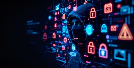 Hooded figure with digital security symbols, glowing locks, and data icons on futuristic tech background. Concept of cybersecurity, hacking, and data protection. Ai generative