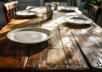 Obraz premium Rustic wooden table set for a meal, sunlight streams in.