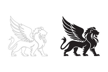 Winged Lion Silhouette. Fully editable Flat and Outline. 