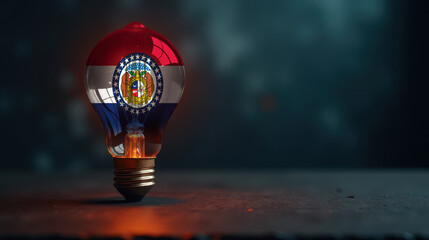 A patriotic concept: A light bulb with the Missouri flag design glowing in the dark, symbolizing ingenuity, technology, and energy independence