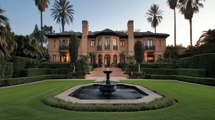 Sunset view of grand mansion, fountain, manicured lawn, palm trees, luxury real estate