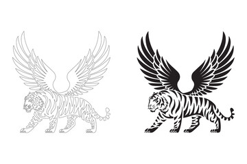 Tiger with Wings: Black and White Vector Graphic. Fully editable Flat and Outline.