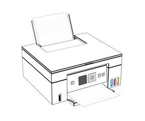 Sketch of a modern all-in-one inkjet color printer on a transparent background