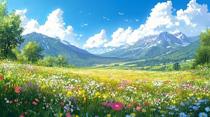 Fototapeta premium A vibrant landscape depicts a flowery meadow near snow capped mountains