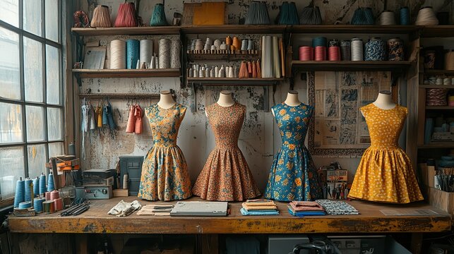 A fashion designer's atelier, filled with colorful fabrics and sewing supplies, showcases the latest trends on stylishly dressed mannequins.