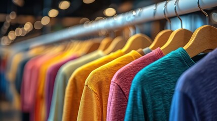 A fashion store's white clothes rack displays many colorful shirts on wooden hangers, showcasing varied styles.