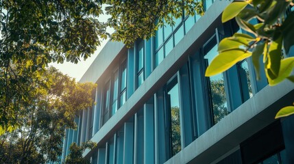 Modern office building, sunlight, green trees, low angle, sustainable architecture