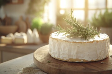 Creamy brie on a wooden board, garnished with fresh rosemary