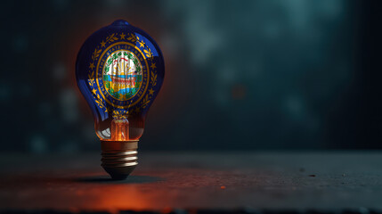 A patriotic concept: A light bulb with the New Hampshire flag design glowing in the dark, symbolizing ingenuity, technology, and energy independence