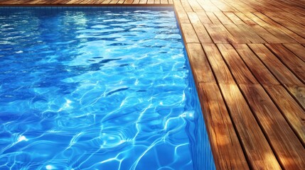Obraz premium Poolside summer sun, wooden deck, blue water, tranquil scene, vacation backdrop
