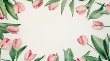 Fototapeta premium Pink tulips arranged in a frame on white background. Possible use Floral design, spring, holiday