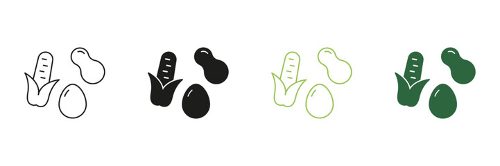 Healthy Eating and Balanced Diet Line and Silhouette Icon Set. Peanut, Egg, and Corn Outline and Solid Icon. Nutritional Foods Symbol. Editable Stroke. Isolated Vector Illustration