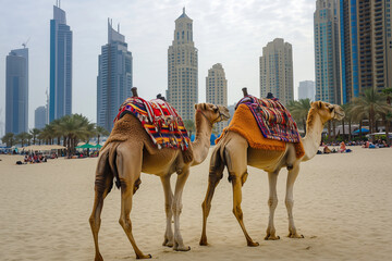 Naklejka premium Camels Resting in the Desert with Modern Buildings in the Background