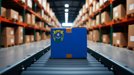 Obraz premium A package wrapped in the Nevada flag moves on a conveyor belt inside a warehouse. Symbolizing logistics, global trade, and the efficiency of supply chains.