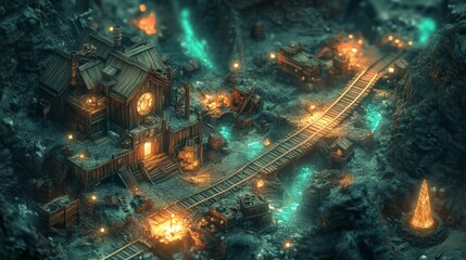 Dark Fantasy Mining Town at Night with Glowing Energy