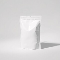 A blank white packaging bag is isolated on a white background