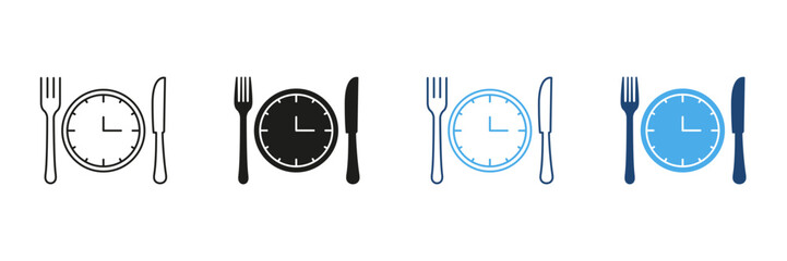 Meal Time Line and Silhouette Icon Set. Clock With Knife And Fork, Restaurant, Culinary, Dining Concept. Editable Stroke. Isolated Vector Illustration