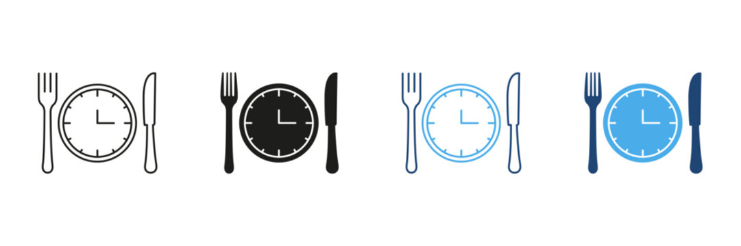 Meal Time Line and Silhouette Icon Set. Clock With Knife And Fork, Restaurant, Culinary, Dining Concept. Editable Stroke. Isolated Vector Illustration