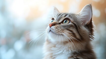 A grey and white longhaired domestic cat, eyes wide open, looks up curiously against a blurred background, showcasing its feline beauty and inquisitiveness.