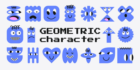 Set of geometric characters with face emotions. Shapes with funny faces. Simple shapes forms, symbols in bauhaus style. Template for a set of stickers, greeting cards, posters, planners. 