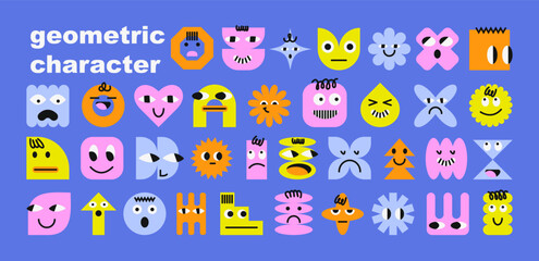 Set of geometric characters with face emotions. Shapes with funny faces. Simple shapes forms, symbols in bauhaus style. Template for a set of stickers, greeting cards, posters, planners. 