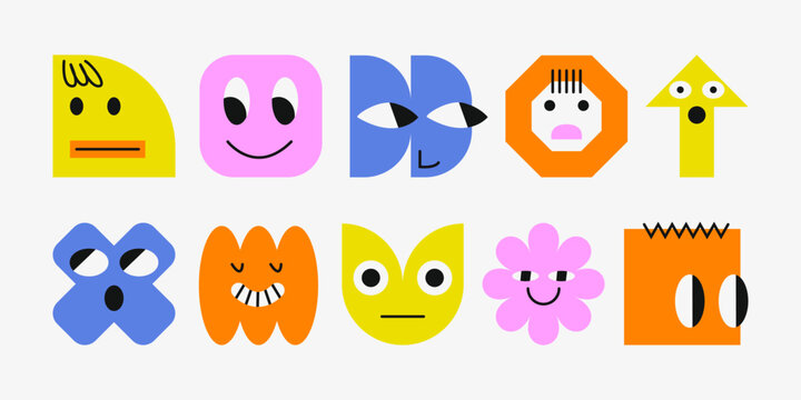 Set of geometric characters with face emotions. Shapes with funny faces. Simple shapes forms, symbols in bauhaus style. Template for a set of stickers, greeting cards, posters, planners. 