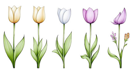 Fototapeta premium Watercolor Illustration Of Five Colorful Tulip Blooms With Green Leaves On Transparent Background