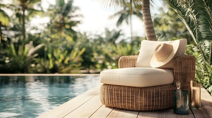 Fototapeta premium Rattan outdoor lounge chair by a resort style pool