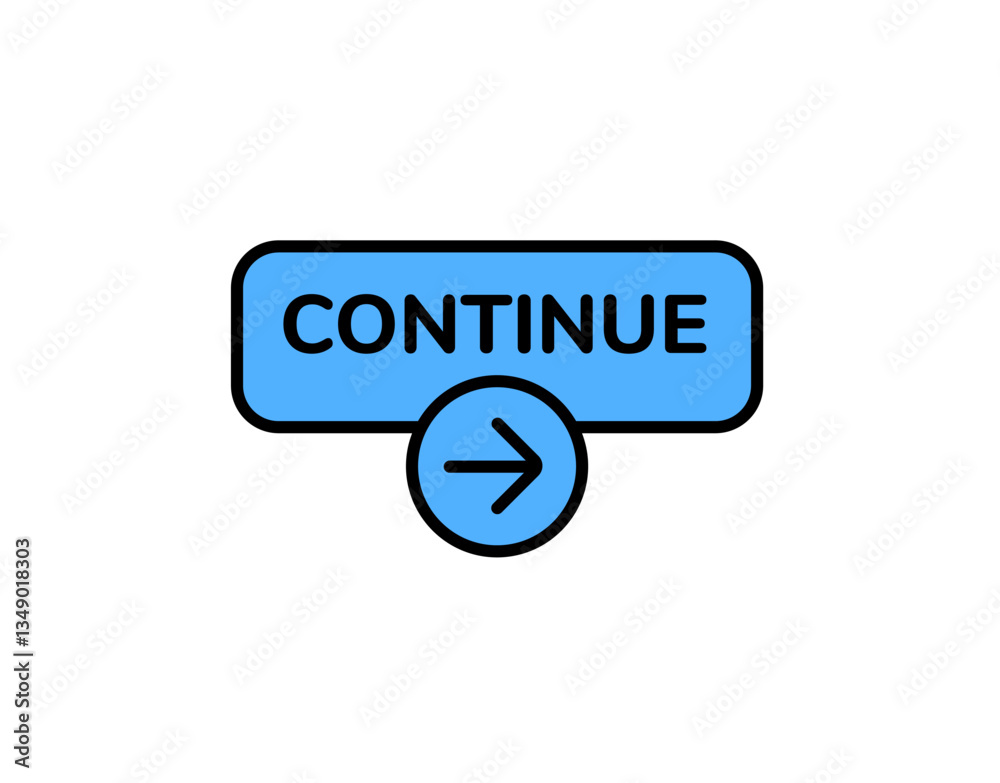 Poster a blue button features continue text with an arrow symbol, designed for user interface navigation.