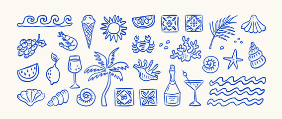 Hand drawn summer illustration set. Italian dolce vita. Minimalist line art. Palm tree, lemon, cocktails sun and sea, seashells in doodle sketch style. Drawing ink. Concept vacation ocean and travel.