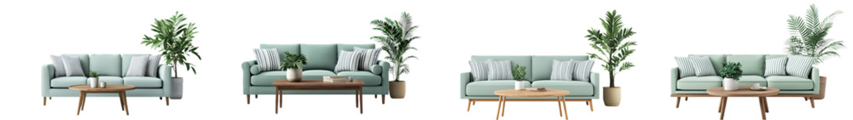 Fototapeta premium A beautifully designed living space featuring a cozy couch wooden coffee table and lush greenery that creates a calm and inviting atmosphere