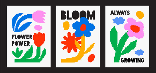 Modern poster set with pixelated flowers. Floral art templates for spring and summer holiday. Abstract floral card for print, wallpaper, clipart, wall art for home decoration