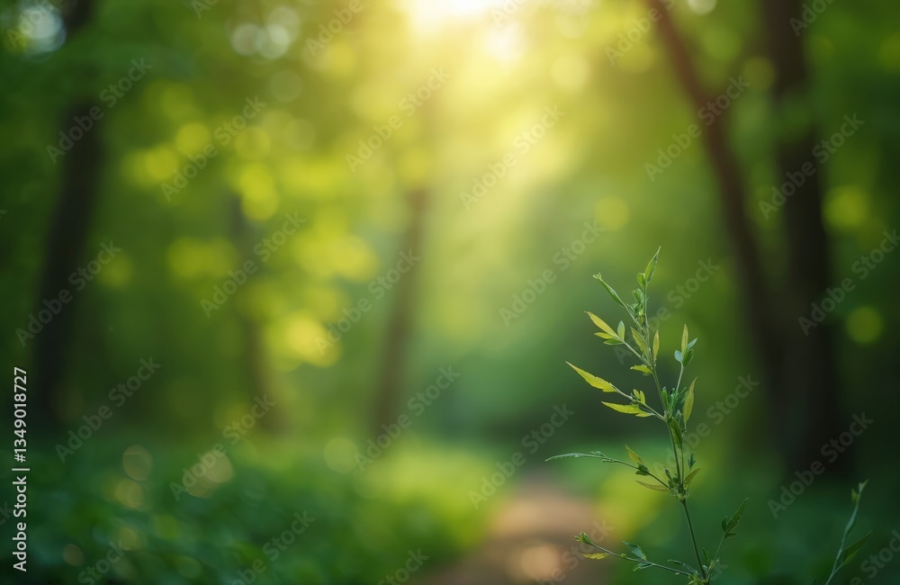 Poster blurred nature background with green foliage. sunlight through trees creates bokeh effect. plant bra
