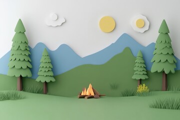 Campfire scene in a simple landscape.  Flat, stylized illustration of a campfire nestled in a grassy area, surrounded by trees, mountains, and a partly cloudy sky