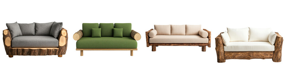 A collection of stylish and comfortable rustic wooden furniture including sofas couches and chairs with natural textures and designs