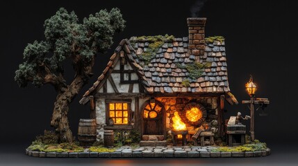 Fototapeta premium Enchanted Cottage at Night with Glowing Windows and a Cozy Fire