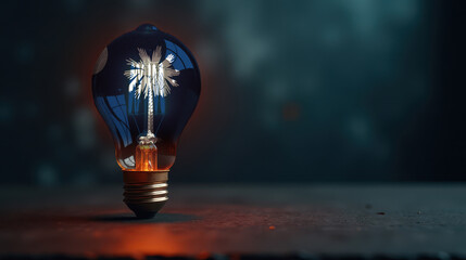 A patriotic concept: A light bulb with the South Carolina flag design glowing in the dark, symbolizing ingenuity, technology, and energy independence